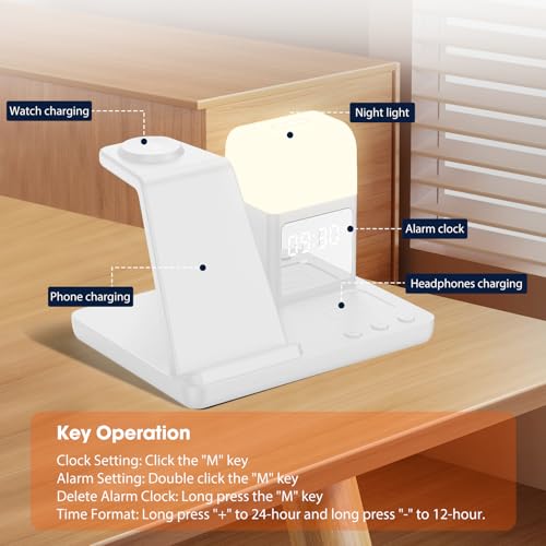Wireless Charger for Samsung/Android, 6 in 1 Phone Nightstand Charging Station Charger with Alarm Clock/Night Light for Samsung S26/S25/S24 Ultra/Buds4,Watch Charger for Galaxy Watch 8/7/6/5 - color: Pearl