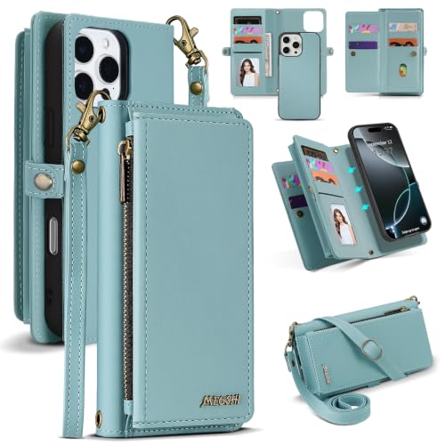 for iPhone 16 Pro Max Wallet Case, Detachable Magnetic Shockproof Phone Case,Faux Leather Crossbody Wallet,with RFID Blocking，Zipper Card Holder，Shoulder Strap (Blue) - color: Blue, size: iPhone 16 Pro Max
