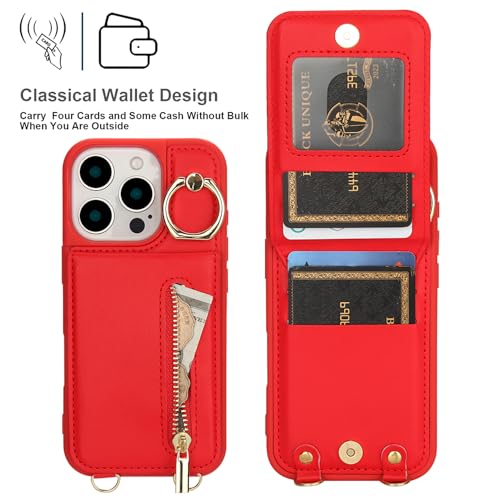 Crossbody Wallet Case for iPhone 12 Pro Max, with Card Slots Zipper Pocket Case, Flip Folio Purse RFID Blocking with Ring Kickstand Detachable Strap-Red - color: Red, size: iPhone 12 Pro Max(6.7")