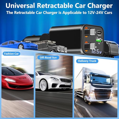Retractable Car Charger, 120W USB-C Fast Charge 4-in-1 Phone Charger