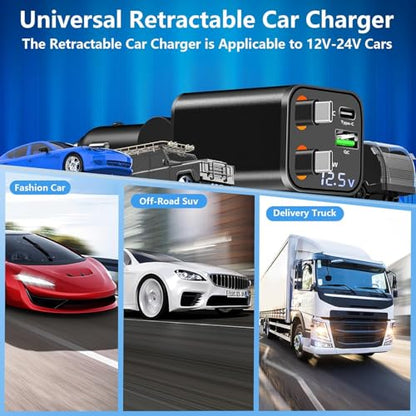 Retractable Car Charger, 120W USB-C Fast Charge 4-in-1 Phone Charger