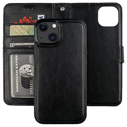 Bocasal Detachable Wallet Case Card Holder for iPhone 13, Black | RFID Blocking Kickstand Card Slots Holder PU Leather Magnetic Shockproof Wrist Strap Removable Flip Protective Cover 6.1 inch - color: Black