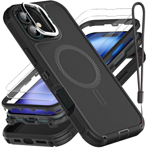 YKHJKLEC for iPhone 16 Case, Military Grade 3 in 1 Heavy Duty Shockproof/Drop Proof/Dust Proof with Kickstand Case, with 2 x Tempered Glass Screen Protector & 1 x Wrist Strap (ZJ-Black/Black) - color: ZJ-Black/Black