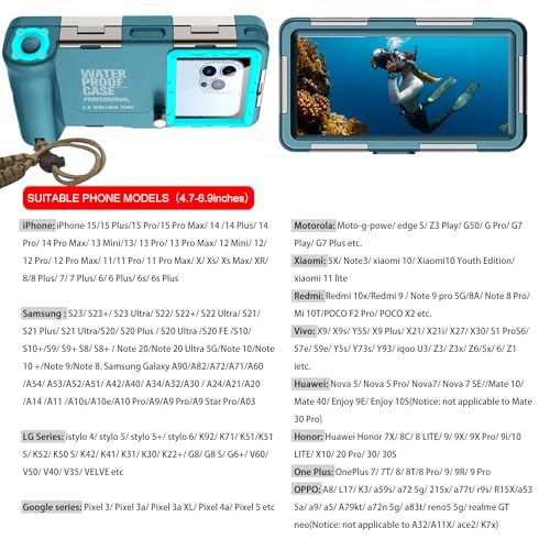 Professional Waterproof Diving Case for Snorkeling, 15M/50FT Underwater Photo & Video Protective Housing Lanyard for iPhone 17/16/15/14/13-11Pro Max/Samsung S25/S24/S23/S22/S21Ultra/Plus Teal-Blue