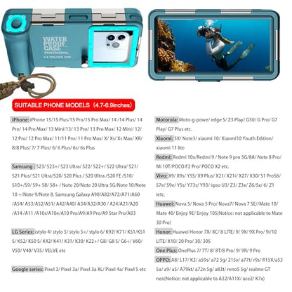 Professional Waterproof Diving Case for Snorkeling, 15M/50FT Underwater Photo & Video Protective Housing Lanyard for iPhone 17/16/15/14/13-11Pro Max/Samsung S25/S24/S23/S22/S21Ultra/Plus Teal-Blue