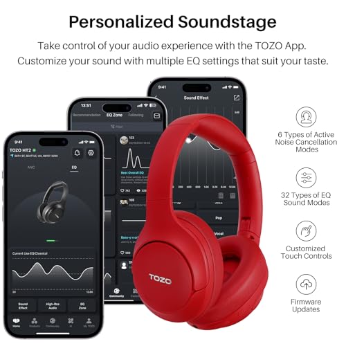 TOZO HT3 Hybrid Noise Cancelling Wireless Headphones, 90H Over Ear Headset - color: Dark-Red