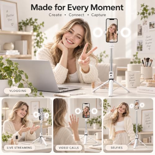 White Phone Tripod with Light, 67 in Selfie Stick for iPhone with Remote - color: White