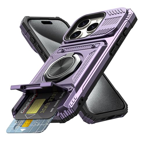 Vofolen for iPhone 15 Pro Case Wallet with Card Holder [Store 2 Cards] | 360° Magnetic Rotated Ring Stand-Dual Layer Heavy Duty Drop Protection Wallet Phone Case Cover for iPhone 15 Pro 6.1'' Purple - color: Purple