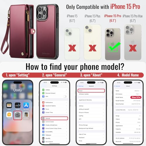 Defencase for iPhone 15 Pro Case Wallet Compatible with Magsafe, Wine Red | Drop-Proof Magnetic Detachable Phone Cases Cover, with RFID Bolcking Card Holder, Zipper Strap, PU Leather, Removable Wallet - color: (Detachable with Magsafe)-Wine Red