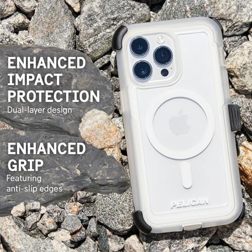 Pelican Voyager Series - iPhone 15 Pro Case 6.1" [Compatible with MagSafe] [Anti-Yellow] Magnetic Charging Phone Case with Belt Clip Holster Kickstand [18ft Military Grade Drop Protection] - Clear