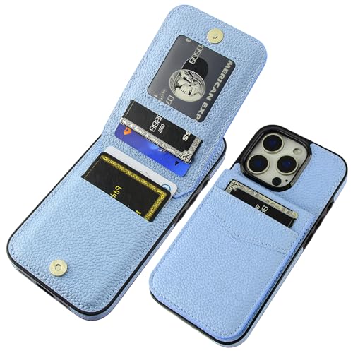 KIHUWEY for iPhone 16 Pro Wallet Case Card Holder, Lichee Light Blue | Credit Card Slots, PU Leather, Kickstand, Magnetic, Flip Heavy Duty Protection Cover for Men Women - color: Lichee Light Blue