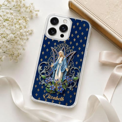 Virgin Mary Blue Lily Blessing - Personalized Clear Silicone Phone Case