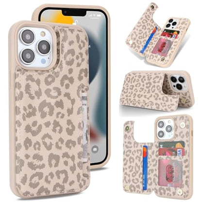 iCoverCase Compatible with iPhone 13 Pro Case with Card Holder, Wallet Phone Case for Women Men RFID Blocking PU Leather Protective Case 6.1 Inch (Beige Leopard) - color: Beige Leopard