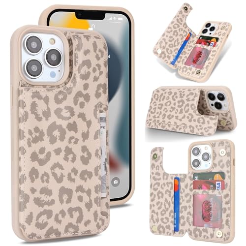 iCoverCase Compatible with iPhone 13 Pro Case with Card Holder, Wallet Phone Case for Women Men RFID Blocking PU Leather Protective Case 6.1 Inch (Beige Leopard) - color: Beige Leopard