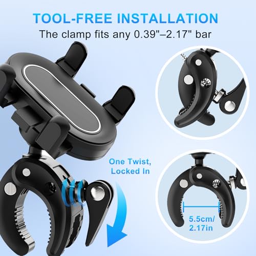 Stroller Phone Holder, Universal Handlebar Phone Mount with 360° Rotation for Golf Cart, Shopping Cart, Spin Bike, Treadmill & Boat - Clamp Fits All iPhone & Android Phones