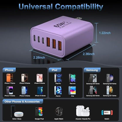 65W USB C Charger Block,6-Port Multi Device Fast Charger PD QC Wall Adapter - color: Purple, size: 65w