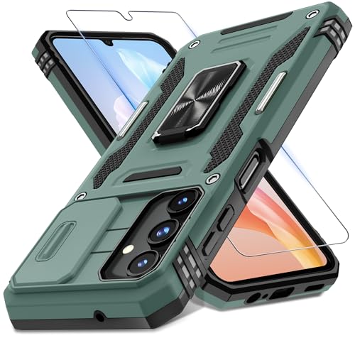 DEERLAMN Case for Samsung Galaxy A15 5G with Slide Camera Cover+Screen Protector (1 Pack), Rotated Ring Kickstand Military Grade Shockproof Protective Cover-Green - color: Green, size: A15 5G-6.5Inch