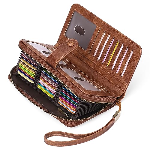 GAEKEAO Leather Credit Card Holder Wallet for Women RFID Blocking Large Capacity Bifold Zipper Card Case Organizer with Wristlet 45 Slots - color: Brown