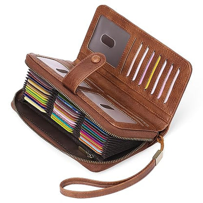 GAEKEAO Leather Credit Card Holder Wallet for Women RFID Blocking Large Capacity Bifold Zipper Card Case Organizer with Wristlet 45 Slots - color: Brown