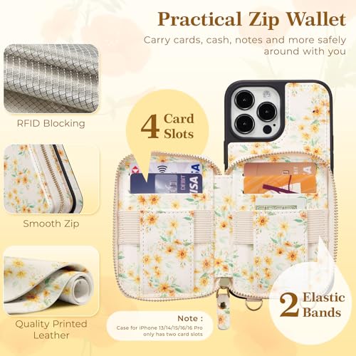 ZCDAYE Zipper Crossbody Wallet Case for iPhone 15 Pro Max, Sunflower | Flip Folio PU Leather, Practical Card Holder, Adjustable Lanyard Strap, RFID Blocking, Warm Sunflower Girly Phone Case - color: Sunflower, size: iPhone 15 Pro Max