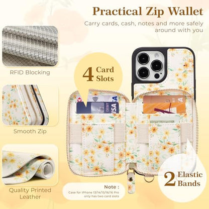 ZCDAYE Zipper Crossbody Wallet Case for iPhone 15 Pro Max, Sunflower | Flip Folio PU Leather, Practical Card Holder, Adjustable Lanyard Strap, RFID Blocking, Warm Sunflower Girly Phone Case - color: Sunflower, size: iPhone 15 Pro Max