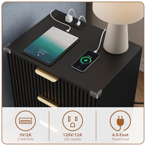 Lulive Wood Bedside Table w/Charging Station, 3 Drawers Fluted Dresser - color: Black, size: 3 Drawers-Set of 1 Nightstand