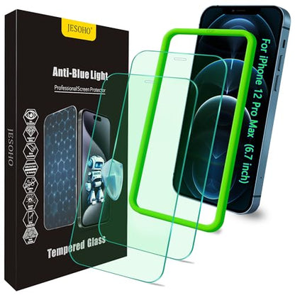 JESOHO Screen Protector for iPhone 12 Pro Max 6.7 inch, 2 Pack | Blue Light Blocking Tempered Glass Film, Eye Protection, Case Friendly, No Bubble,with Easy Installation Kit - size: iPhone 12 Pro Max (6.7 inches)