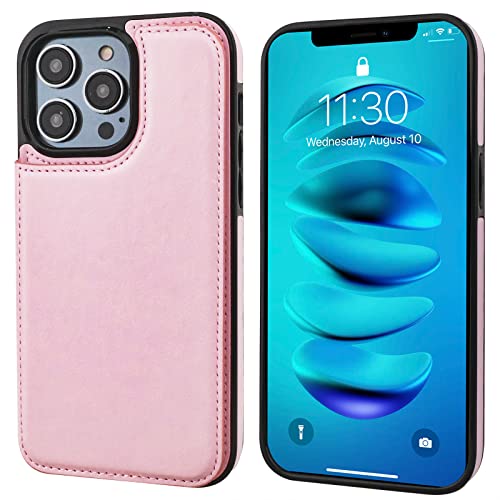 ONETOP for iPhone 14 Pro Max Wallet Case with Credit Card Holder,Pink | Kickstand,ID/Cash Holder,Case Wallet with Card Slots,Double Magnetic Clasp,Durable PU Leather Shockproof Cover for Women Men - color: Pink