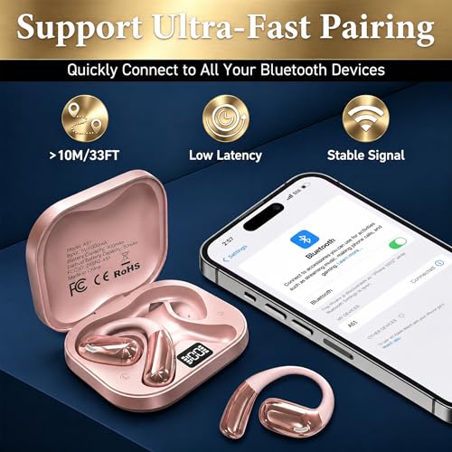 Open Ear Headphones, Wireless Headphones with Smart Digital Display & Mic - color: Rose Gold
