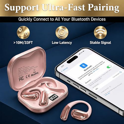 Open Ear Headphones, Wireless Headphones with Smart Digital Display & Mic - color: Rose Gold