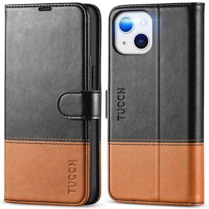 TUCCH Wallet Case for iPhone 13 (6.1") 2021, 3 Card Slots, Black & Brown | RFID Blocking, Viewing Stand, Shockproof TPU Shell, PU Leather, Magnetic Closure, Protective Folio Flip Cover - color: Black & Brown