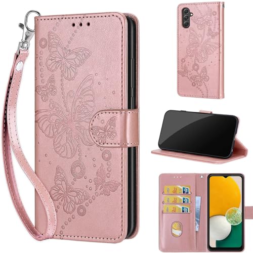Wallet Case for Samsung Galaxy A54 5G, Rose Gold Butterfly | Women Flip Folio Cover, Embossed PU Leather, Stand, Credit Card Holders Slots, Wrist Strap - color: 7