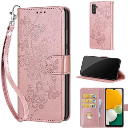 Wallet Case for Samsung Galaxy A54 5G, Rose Gold Butterfly | Women Flip Folio Cover, Embossed PU Leather, Stand, Credit Card Holders Slots, Wrist Strap - color: 7