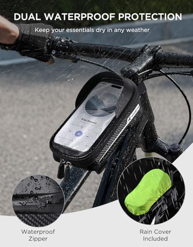 whale fall Bike Frame Bag Waterproof, 3D EVA Hard Shell, Bike Phone Holder | Top Tube Bag with TPU Touchscreen, Fits Phones up to 7", Adjustable Straps for Most Frames, Includes Rain Cover - color: Black
