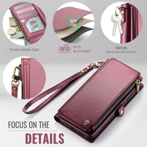 Defencase for Samsung Galaxy A37 5G Wallet Case with Card Holder, WineRed | RFID Blocking, Zipper Pocket, Durable PU Leather, Wrist Strap, Fashion Snap Flip Phone Cases Cover with Stand for Women Men - color: Wine Red