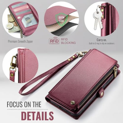 Defencase for Samsung Galaxy A37 5G Wallet Case with Card Holder, WineRed | RFID Blocking, Zipper Pocket, Durable PU Leather, Wrist Strap, Fashion Snap Flip Phone Cases Cover with Stand for Women Men - color: Wine Red