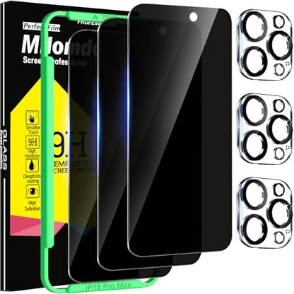 Milomdoi Privacy Screen Protector for iPhone 15 Pro Max, Tempered Glass | 3+3 Pack, 9H+ Hardness, Camera Lens Protector, Military Grade Shatterproof, Easy Installation, No Bubbles, Case Friendly - size: iPhone 15 Pro Max 6.7 inch