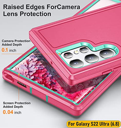 Case is Specially Designed for Galaxy S22 Ultra 6.8 Inch, Full Body Protection Heavy Duty Shock Absorbing 3 in 1 Silicone Rubber Built-in Stand with 1 Tempered Screen Protectors-Rose/Mint - color: Rose/Mint