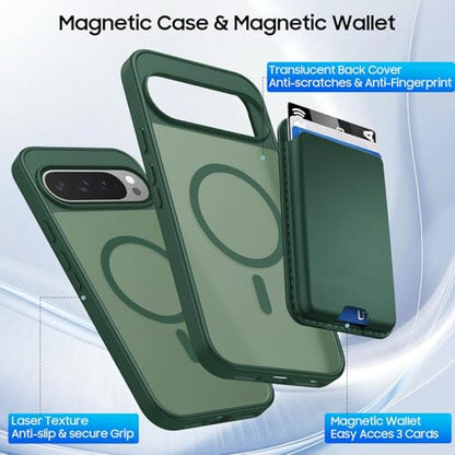 Magnetic for Google Pixel 10/Pixel 10 Pro Wallet Case Card Holder﻿ | Compatible with MagSafe, Shockproof Phone Cover with Detachable RFID Blocking Card Slot, Green - color: Green, size: Pixel 10/10 Pro