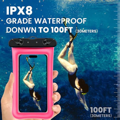 2 Pack Waterproof Floating Phone Pouch IPX8 Floatable Waterproof Phone Case with Lanyard Strap Universal Dry Bags Underwater Case Wallet for iPhone 17/Air16 15 14 13 12 Samsung,Up to 7.2" for Swimming - color: Pink+Black