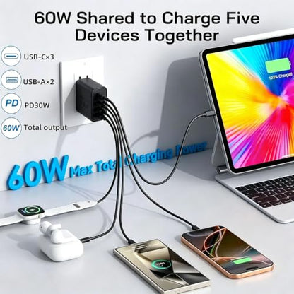 60W USB‑C Wall Charger, 5‑Port (3 USB‑C + 2 USB‑A), 2‑Pack, Black - color: black