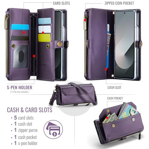 Strapurs Crossbody Wallet Case Compatible with Samsung Galaxy Z Fold 6 with RFID Blocking Card Holder & Pen Holder Slot Soft PU Leather Shoulder Strap Zipper Pocket Purse Fold 6 Phone Case, Purple | RFID Blocking 5-Card Holder, Shoulder Lanyard, Wirst Str