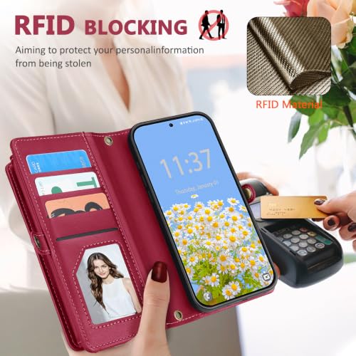 for Samsumg Galaxy S25 Plus Wallet Case, Detachable Magnetic Shockproof Phone Case,Faux Leather Crossbody Wallet,with RFID Blocking，Zipper Card Holder，Shoulder Strap (Red) - color: Red, size: Samsumg Galaxy S25 Plus