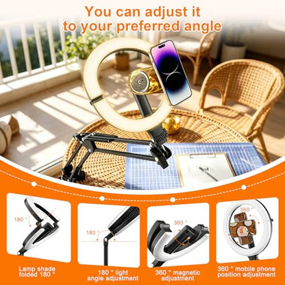 Magnetic Overhead Ring Light for Desk, 10” Selfie Light with Stand Tripod for iPhone, Adjustable Overhead Phone Mount with MagSafe-Compatible Holder for Recording, YouTube Video, Live Streaming