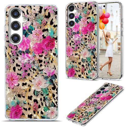 for Samsung Galaxy S24 FE Case for Girl Women, Full Protective Shockproof Slim Soft TPU Clear Phone Cover for S24 FE,Glitter Sparkle Shiny Pearl Luster Leopard Print Pink Flower Floral - color: Leopard Print Pink Flower
