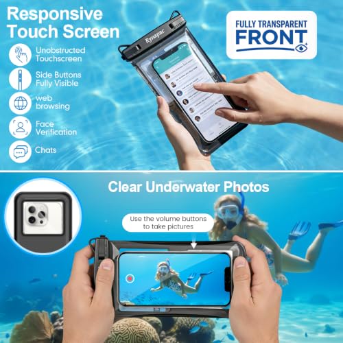 Rynapac Waterproof Phone Pouch Floating, 2 Pack IPX8 Dry Bag [Up to 8.5''] | Touchscreen & Underwater Photography, Adjustable Lanyard, for iPhone 17 16 15 Pro Max, Beach Cruise Essentials 2026 - color: Black & Bright Red