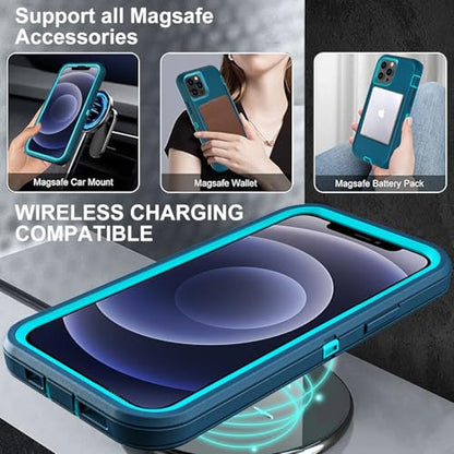 YKHJKLEC for iPhone 12/12 Pro Case, Compatible with Magsafe, Military Grade 3 in 1 Heavy Duty Shockproof/Drop Proof/Dust Proof with 2Pcs Tempered Glass Screen Protector (New-Blue/Turquoise) - color: New-Blue/Turquoise