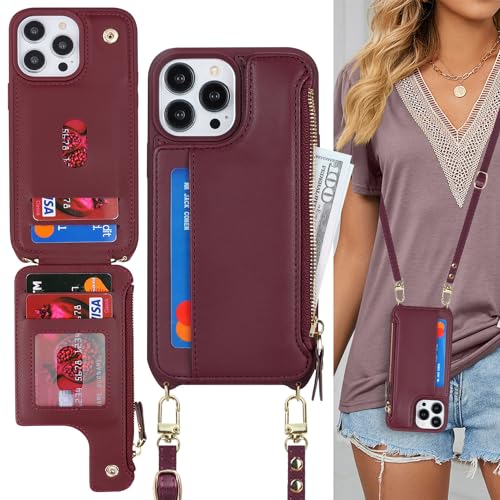 Cavor for iPhone 15 Pro Max Wallet Case with Card Holder Women, Wine red | for iPhone 15 Pro Max Case with Strap,Crossbody and Wristlet Zipper Pocket Phone Cover - color: B-Wine red