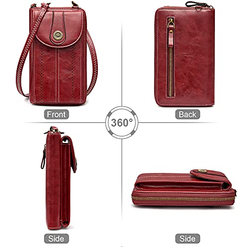 S-ZONE Women RFID Blocking Crossbody Cell Phone Purse PU Leather Wallet | Card Slots, Anti-theft, Multi Pockets, Detachable Adjustable Strap, Small, Travel Eveyday Shopping Outing - color: Red