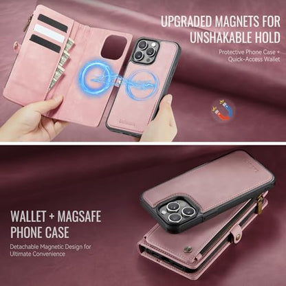 Defencase for iPhone 13 Pro Case Wallet Compatible with Magsafe, Rose Pink | Drop-Proof Magnetic Detachable Phone Cases Cover, with RFID Bolcking Card Holder, Zipper Strap, PU Leather, Removable Wallet - color: (Detachable with Magsafe)-Pink